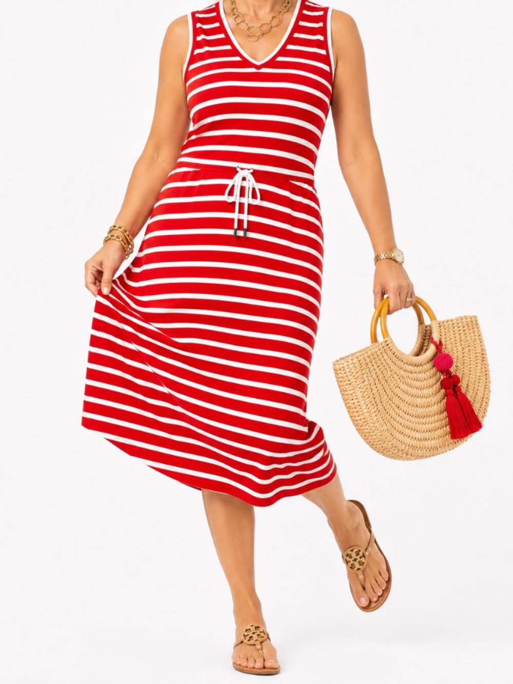 Classic Casual Red Stripe Tie-Waist Midi Sleeveless Summer Fun Sundress [size L]